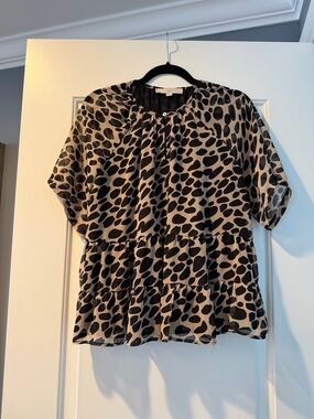 LOFT Beige and Black Animal Print Short Sleeve Peplum Top